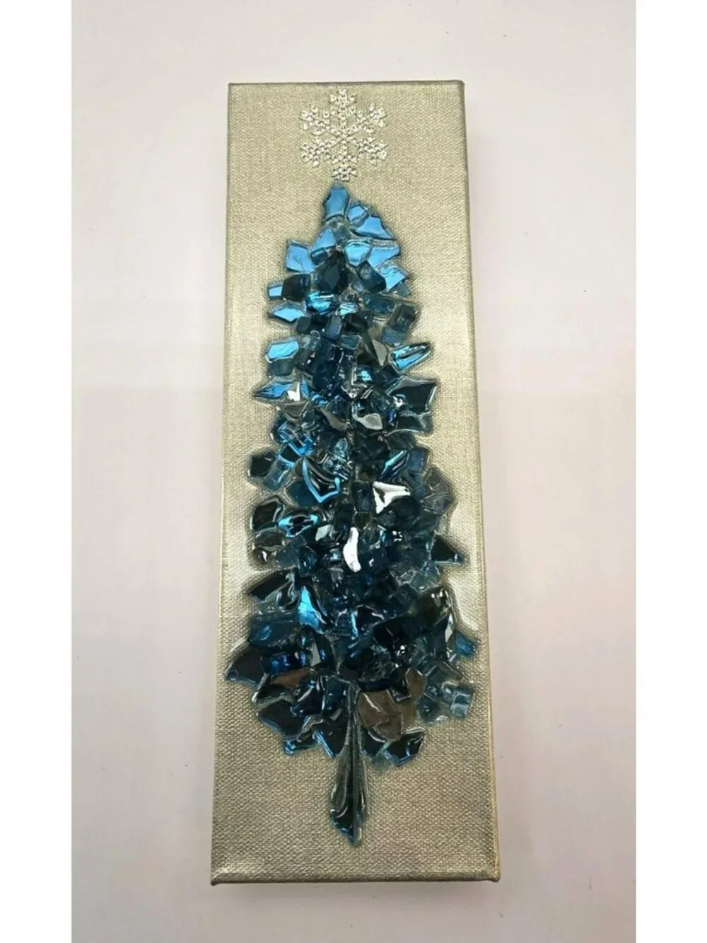 Crushed Blue Glass Mosaic Christmas Tree Art Glitter Snowflake On Canvas CM2313
